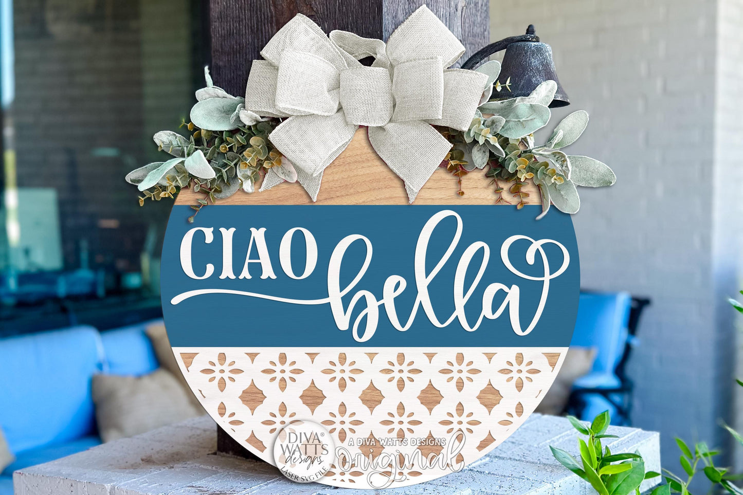 Round Door Hanger SVG With Ciao Bella Mediterranean Coastal Santorini Style Front Door Sign Laser Cut Layered Design For Welcoming Entryway Decor