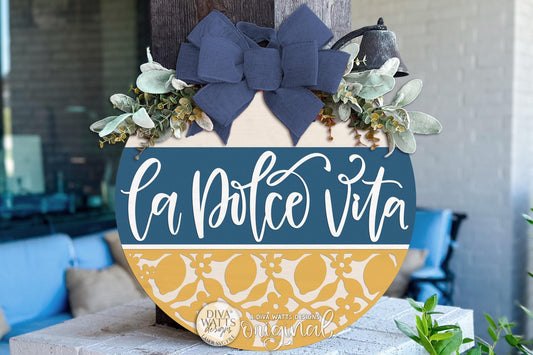 Round Door Hanger SVG With La Dolce Vita Mediterranean Coastal Santorini Style Front Door Sign Laser Cut Layered Design For Welcoming Entryway Decor
