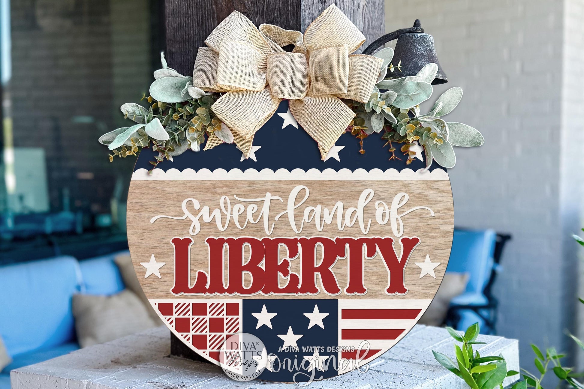 Round Door Hanger SVG With Sweet Land Of Liberty Patriotic USA Flag Design For Front Door Or Porch, Bold Welcoming Entryway Accent