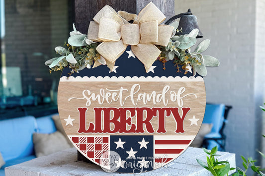 Round Door Hanger SVG With Sweet Land Of Liberty Patriotic USA Flag Design For Front Door Or Porch, Bold Welcoming Entryway Accent