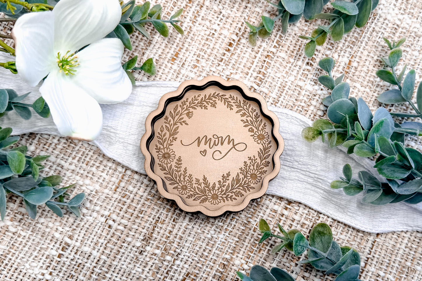 Trinket Tray Engraving SVG Mom Floral Wreath Ring Dish SVG Jewelry Dish Laser Engrave File Scalloped Catchall Tray Thoughtful Gift Idea