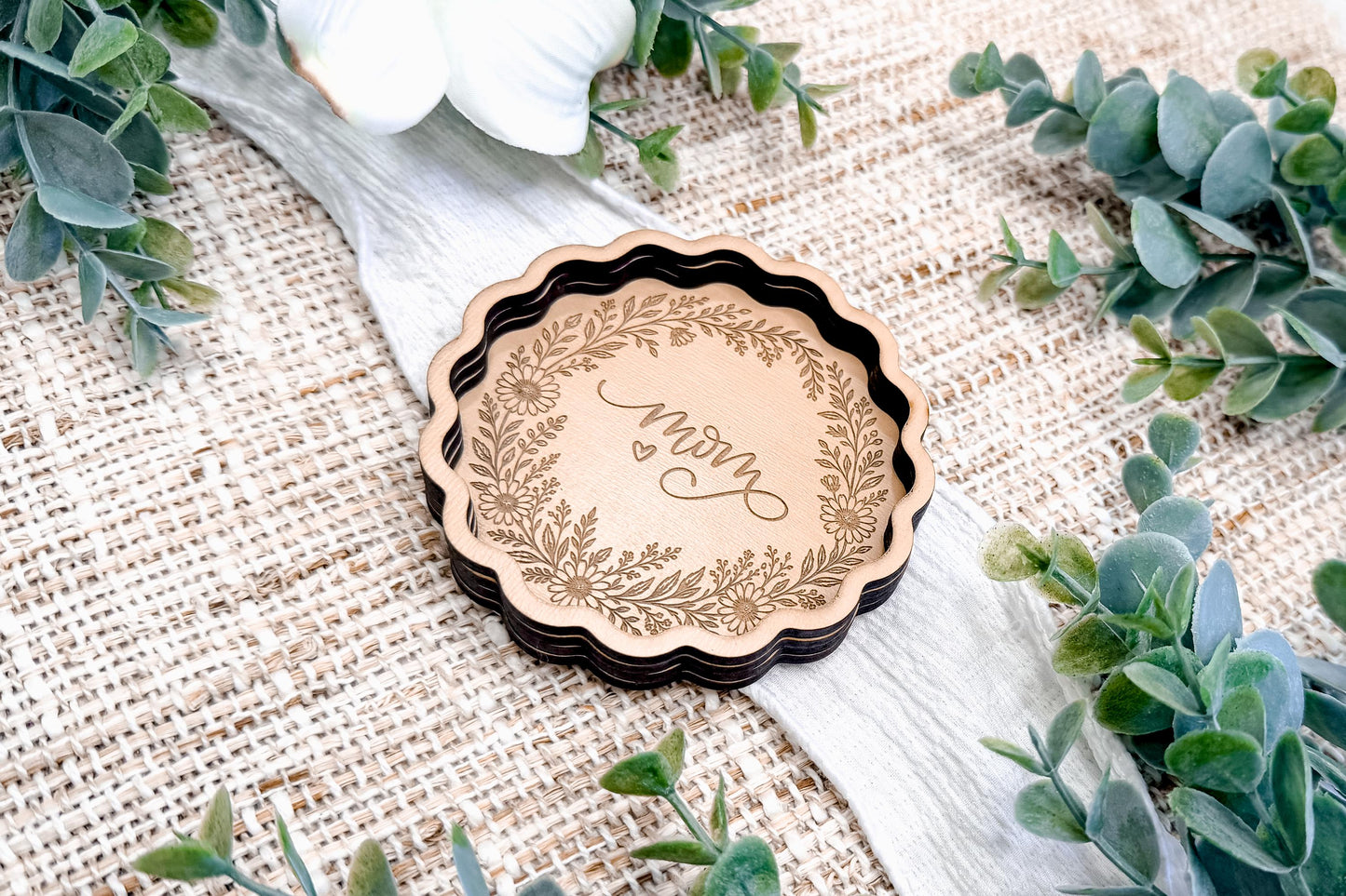 Trinket Tray Engraving SVG Mom Floral Wreath Ring Dish SVG Jewelry Dish Laser Engrave File Scalloped Catchall Tray Thoughtful Gift Idea