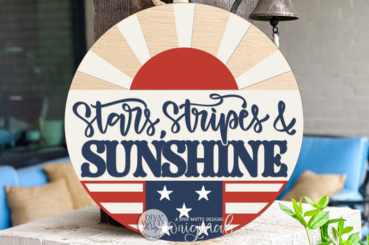 Round Door Hanger SVG With Stars Stripes And Sunshine Patriotic USA Design For Front Door Or Porch, Bright Welcoming Summer Entryway Accent
