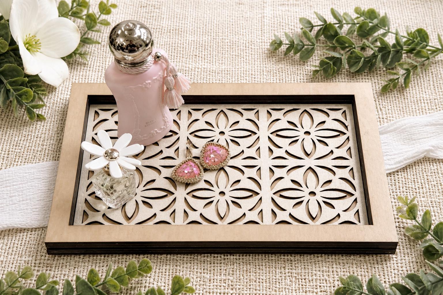 Decorative Tray SVG Floral Cutout Perfume Tray Insert Laser Cut File Jewelry Catchall Tray Panel Easy To Cut Fast To Make