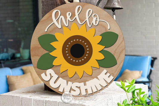 Round Door Hanger SVG With Hello Sunshine Sunflower Design For Front Door Or Porch, Bright Cheerful Summer Entryway Accent