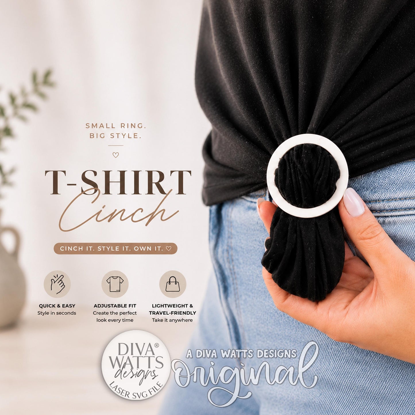 T Shirt Cinch SVG Retro 90s Shirt Slide Ring Template For Adjustable Shirt Styling, Small Ring Big Style Easy To Make