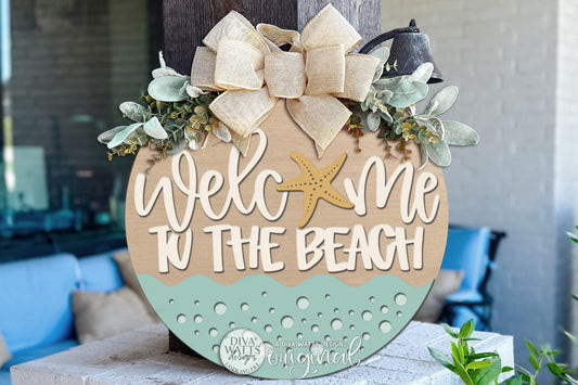Round Door Hanger SVG With Welcome To The Beach Coastal Design For Front Door Or Porch, Relaxed Summer Entryway Accent