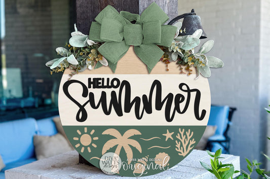 Round Door Hanger SVG With Hello Summer Beach Scene Palm Tree Coastal Front Door Sign Laser Cut Layered Design For Welcoming Porch Entryway Decor