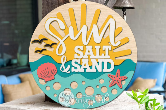 Round Door Hanger SVG With Sun Salt And Sand Beach Design For Front Door Or Porch, Relaxed Coastal Summer Entryway Accent