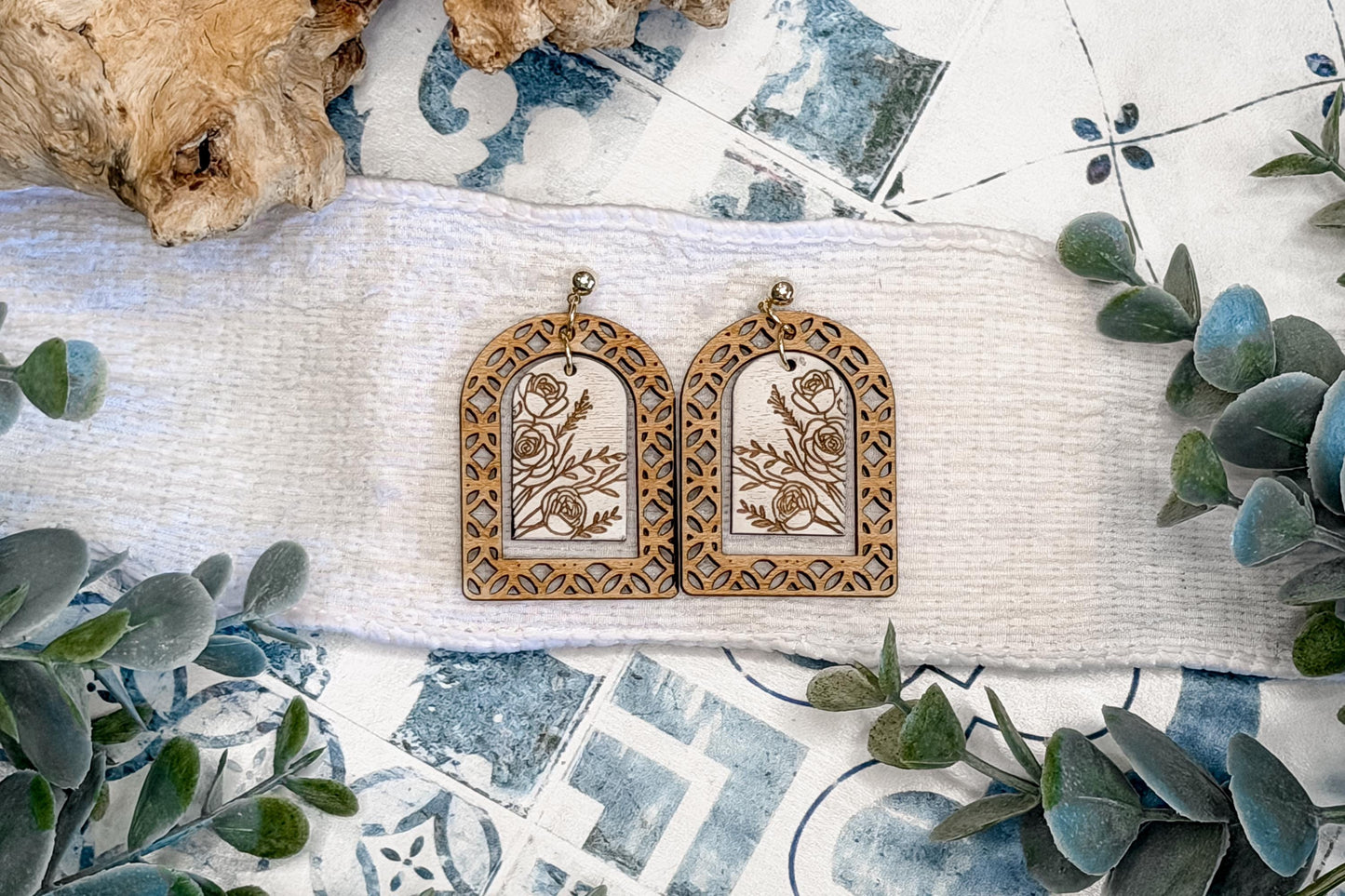 Boho Floral Arch Earrings SVG, Layered Dangle Earrings Laser Cut File, Rose Jewelry SVG for Glowforge and xTool