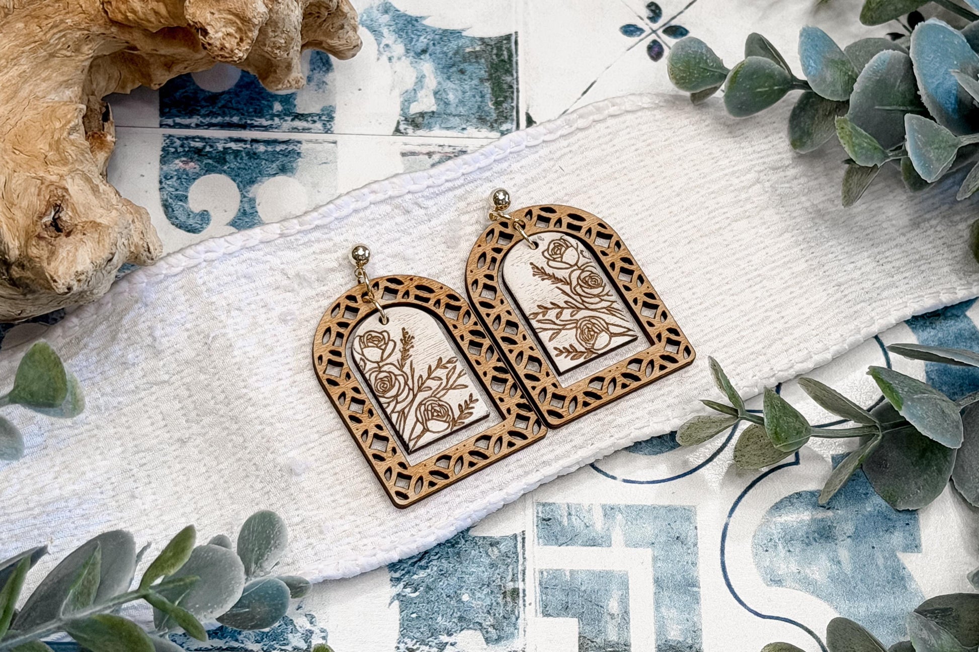 Boho Floral Arch Earrings SVG, Layered Dangle Earrings Laser Cut File, Rose Jewelry SVG for Glowforge and xTool