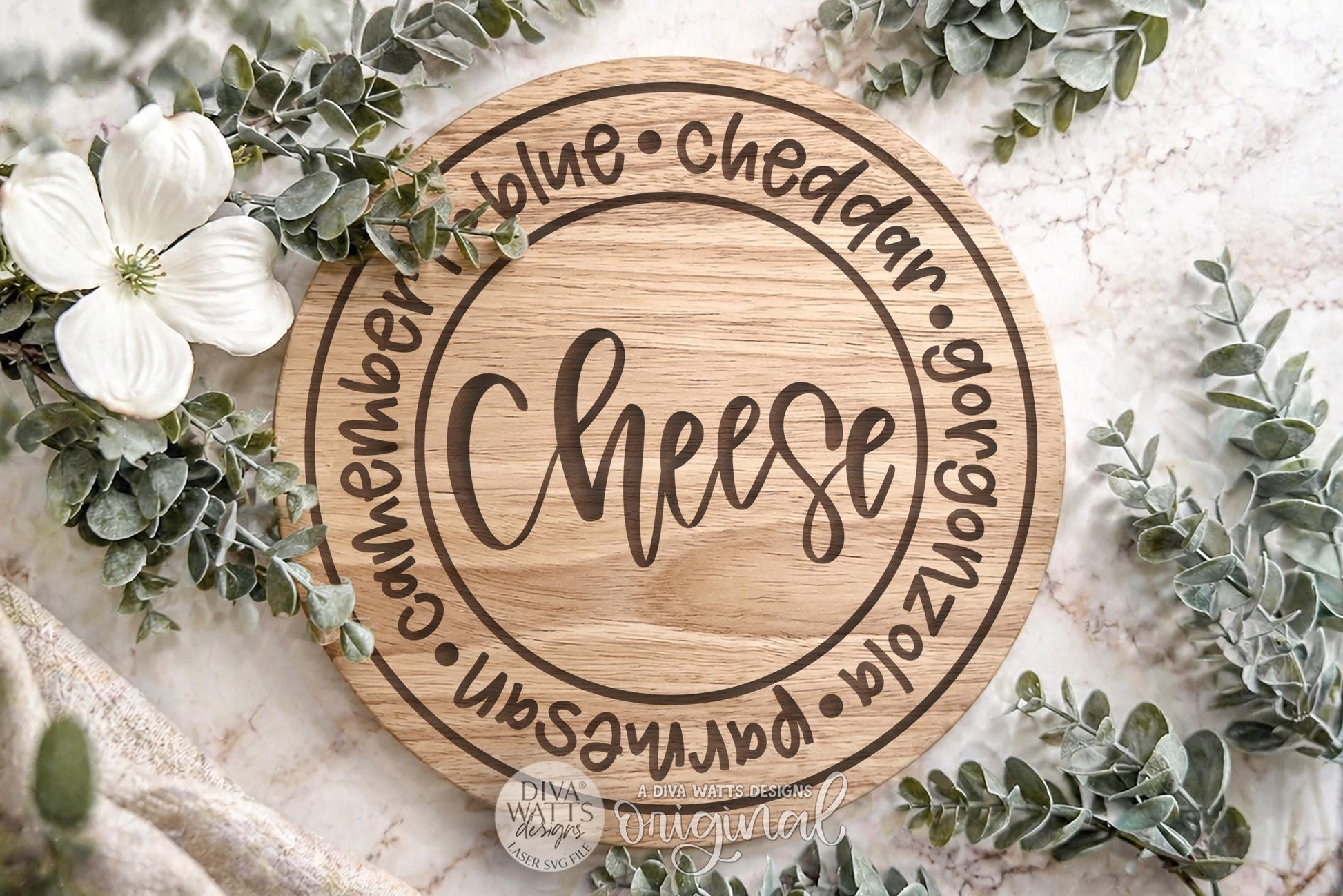 Charcuterie Board SVG With Cheese Names Circle Engraving Design for Cutting and Serving Boards, Welcoming Kitchen Accent