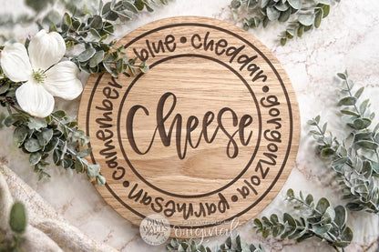 Charcuterie Board SVG With Cheese Names Circle Engraving Design for Cutting and Serving Boards, Welcoming Kitchen Accent