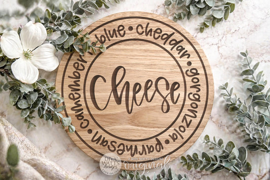 Charcuterie Board SVG With Cheese Names Circle Engraving Design for Cutting and Serving Boards, Welcoming Kitchen Accent