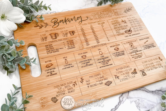 Cutting Board Engraving SVG Baking Cheat Sheet With Conversion Guide And Substitutions Chart For Serving Boards, Practical Kitchen Accent