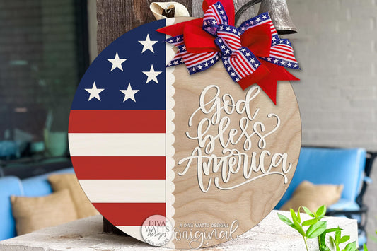 Round Door Hanger SVG With God Bless America Patriotic USA Flag Design For Front Door Or Porch, Bold Welcoming Entryway Accent