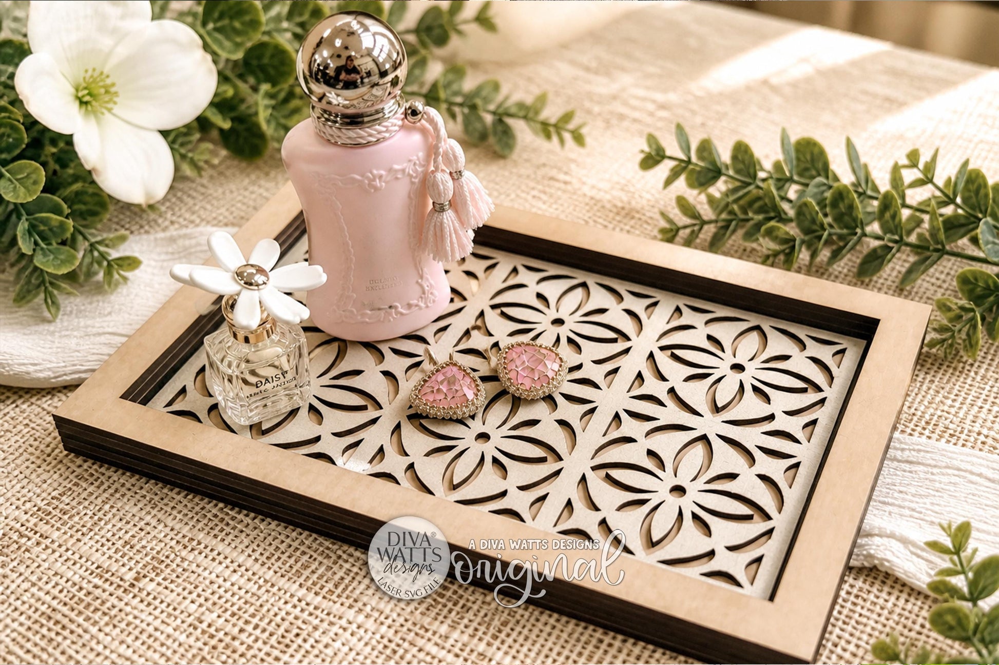 Decorative Tray SVG Floral Cutout Insert For Perfume Tray Or Jewelry Catchall Tray, Easy To Cut Fast To Make Vanity Decor