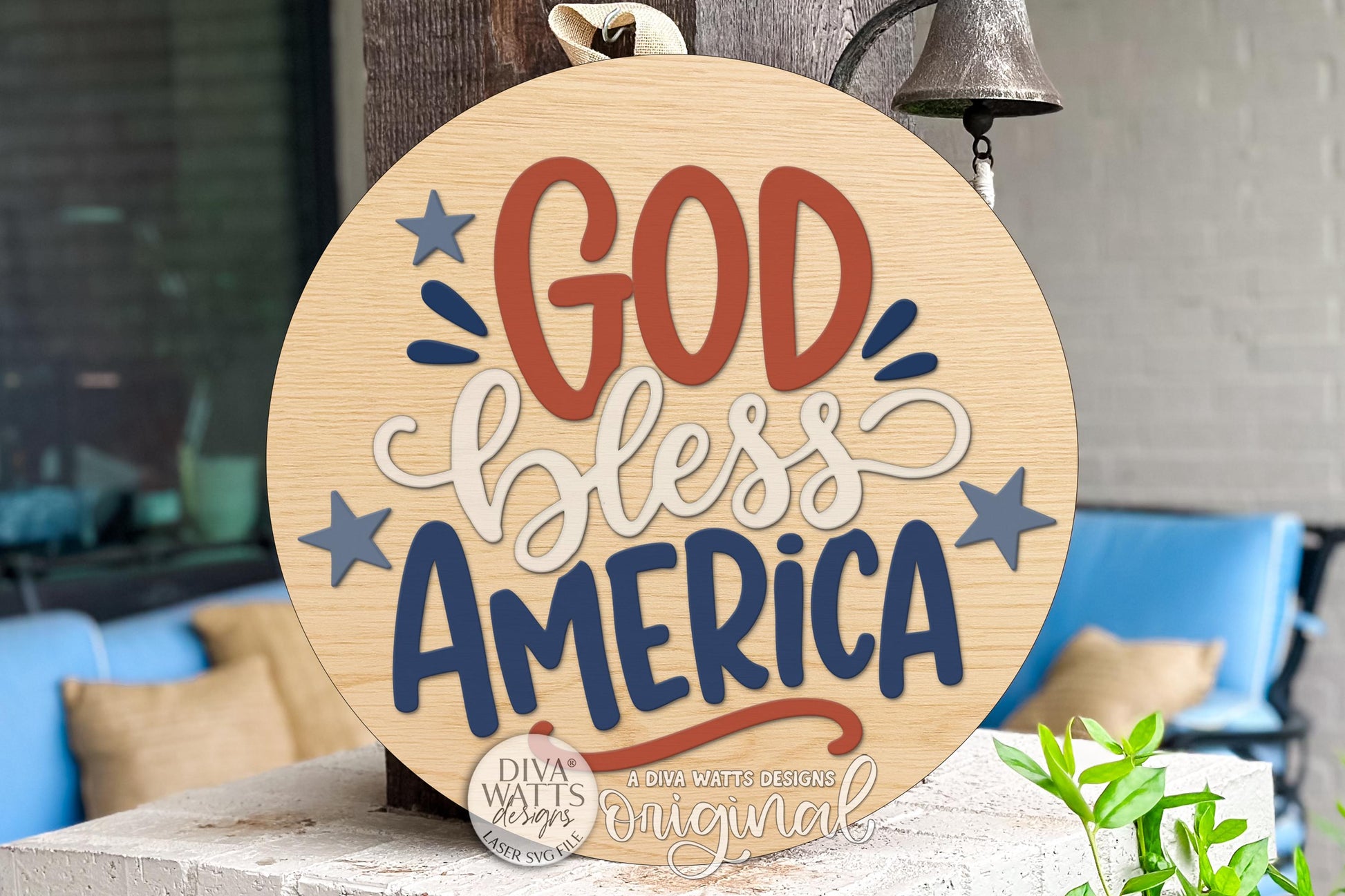 Round Door Hanger SVG God Bless America Patriotic Front Door Sign for Porch and Entryway Decor — Digital Laser SVG and Vinyl SVG Instant Download, Welcoming Front Door Accent by Diva Watts Designs