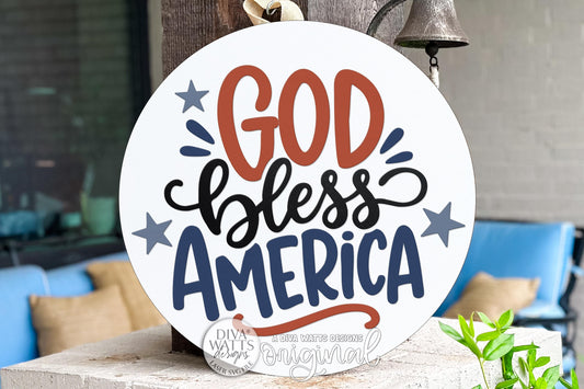 Round Door Hanger SVG God Bless America Patriotic Front Door Sign for Porch and Entryway Decor — Digital Laser SVG and Vinyl SVG Instant Download, Welcoming Front Door Accent by Diva Watts Designs