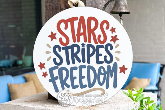 Round Door Hanger SVG Stars Stripes Freedom Patriotic Front Door Sign for Porch and Entryway Decor — Digital Laser SVG and Vinyl SVG Instant Download, Welcoming Front Door Accent by Diva Watts Designs