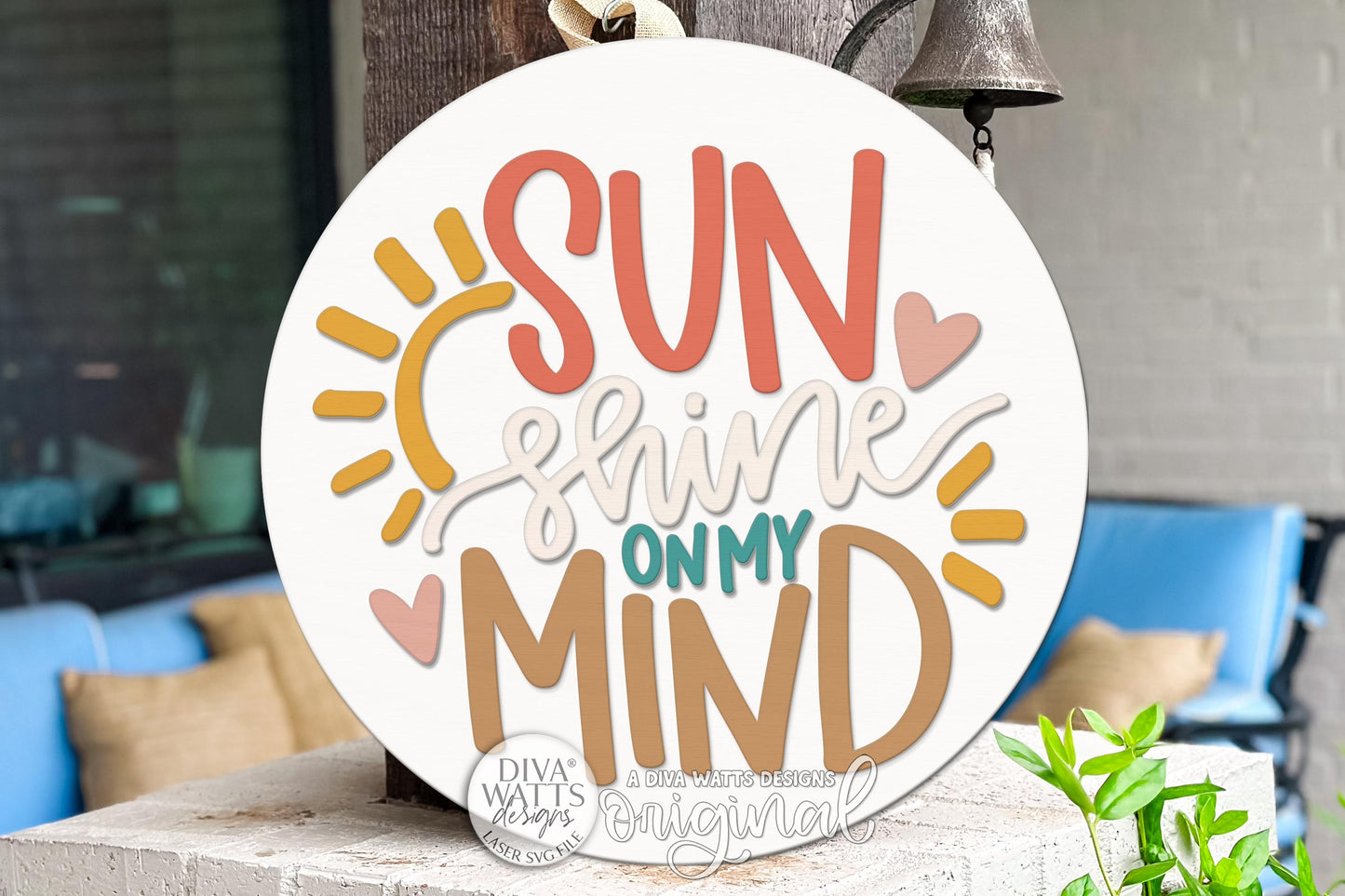 Round Door Hanger SVG Sun Shine On My Mind Summer Front Door Sign for Porch and Entryway Decor — Digital Laser SVG and Vinyl SVG Instant Download, Welcoming Front Door Accent by Diva Watts Designs
