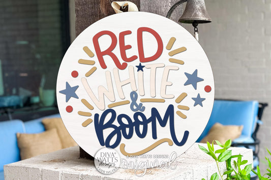Round Door Hanger SVG Red White And Boom Patriotic Front Door Sign for Porch and Entryway Decor — Digital Laser SVG and Vinyl SVG Instant Download, Welcoming Front Door Accent by Diva Watts Designs