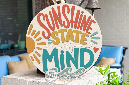 Round Door Hanger SVG Sunshine State Of Mind Summer Front Door Sign for Porch and Entryway Decor — Digital Laser SVG and Vinyl SVG Instant Download, Welcoming Front Door Accent by Diva Watts Designs