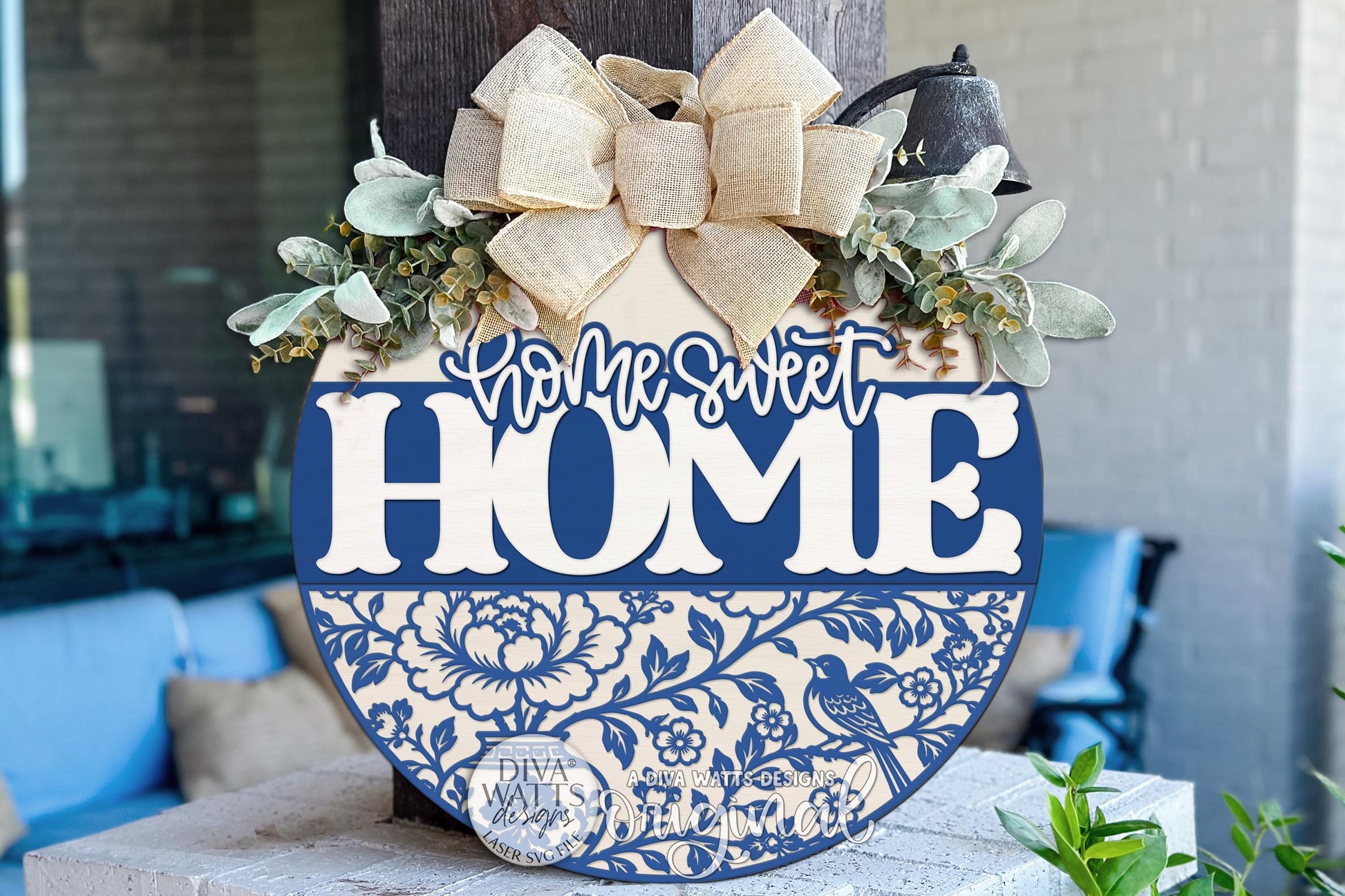 Round Door Hanger SVG Featuring A Grandmillennial Home Sweet Home Chinoiserie Floral Bird Design For Elegant Front Porch And Entryway Decor, Includes Laser SVG And Vinyl SVG Files For Creating A Welcoming Boutique-Style Statement Sign