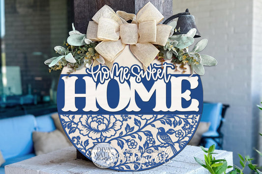 Round Door Hanger SVG Featuring A Grandmillennial Home Sweet Home Chinoiserie Floral Bird Design For Elegant Front Porch And Entryway Decor, Includes Laser SVG And Vinyl SVG Files For Creating A Welcoming Boutique-Style Statement Sign