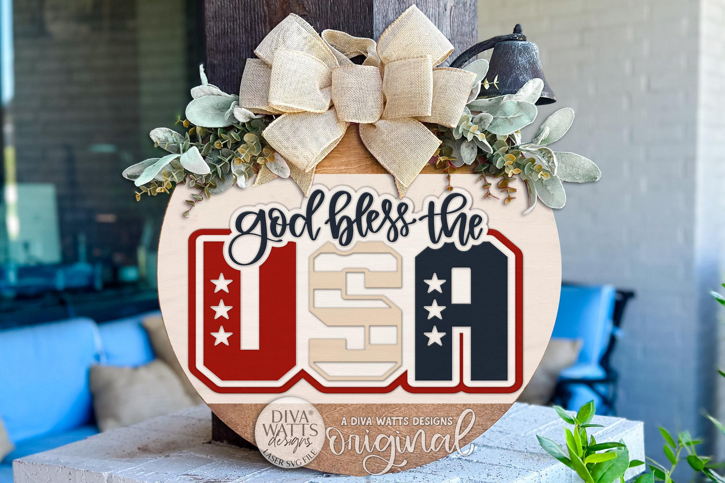 Round Door Hanger SVG With God Bless The USA Patriotic Design For Front Door Or Porch, Bold Welcoming Entryway Accent