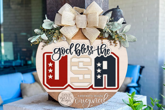 Round Door Hanger SVG With God Bless The USA Patriotic Design For Front Door Or Porch, Bold Welcoming Entryway Accent