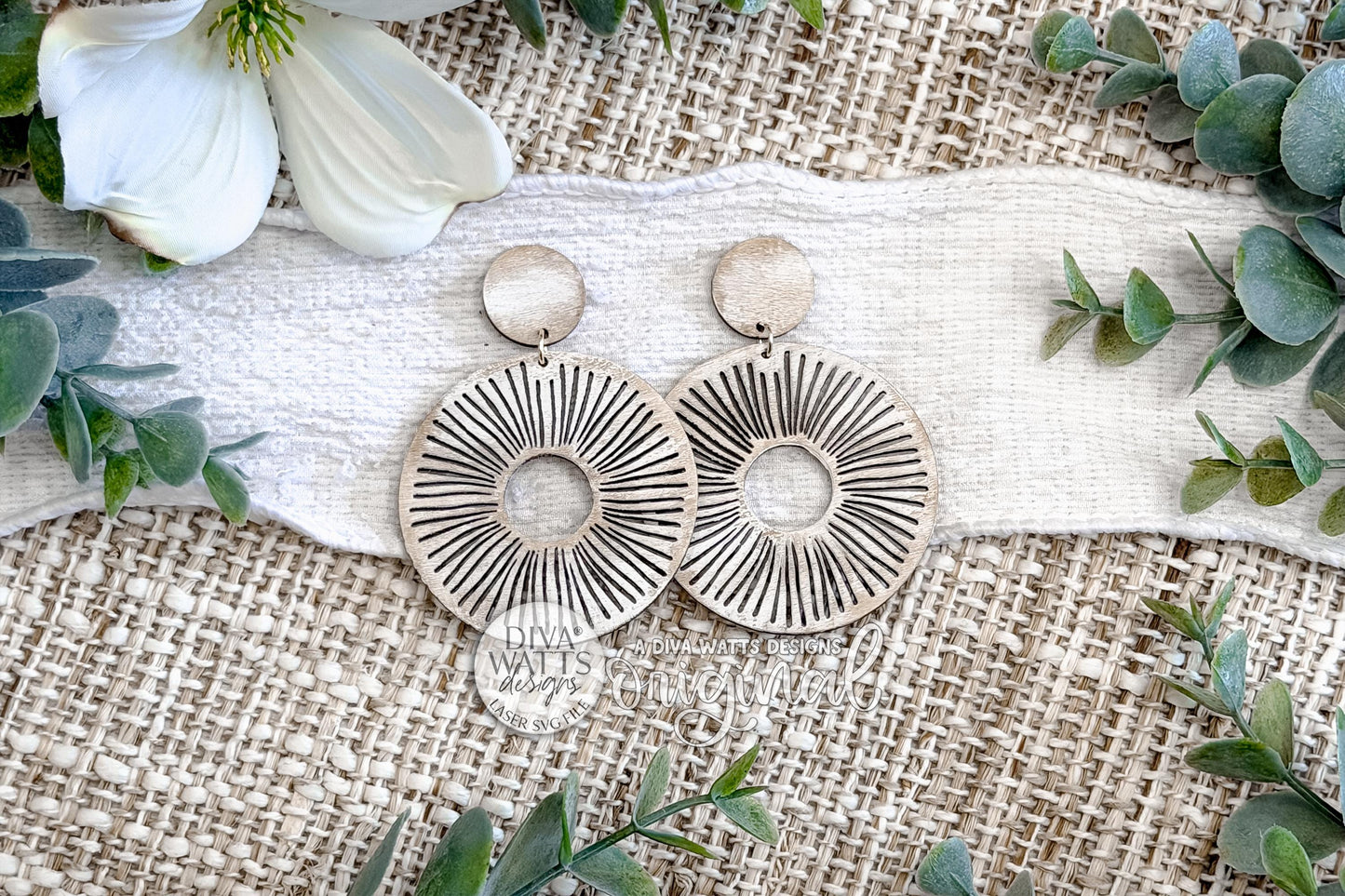Sunburst Circle Earrings SVG Round Dangle Laser Cut File With Radiating Line Design For Lightweight Statement Jewelry Easy To Mak