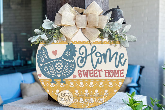 Round Door Hanger SVG Featuring A Folk Art Chicken Home Sweet Home Design For Cottagecore Farmhouse Front Porch Decor And Grandmillennial Entryway Style, Includes Laser SVG And Vinyl SVG Files For Creating Layered Laser Cut Decor With A Cozy Nostalgic Feel