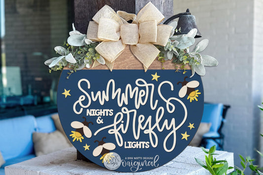 Round Door Hanger SVG Featuring A Summer Nights And Firefly Lights Design With Whimsical Fireflies For Seasonal Front Porch Decor And Cozy Entryway Style, Includes Laser SVG And Vinyl SVG Files For Creating Layered Laser Cut Decor With A Warm Nostalgic Summer Feel