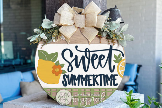 Round Sweet Summertime Lemon Door Hanger SVG for Summer Porch Decor, Front Door Entryway Sign, and Layered Laser Cut Decor