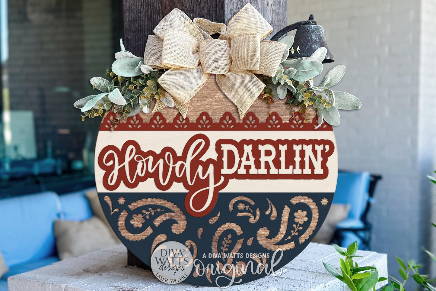 Round Howdy Darlin’ Western Door Hanger SVG for Rustic Porch Decor, Cowboy Entryway Sign, and Layered Laser Cut Front Door Decor