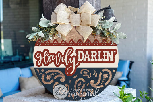 Round Howdy Darlin’ Western Door Hanger SVG for Rustic Porch Decor, Cowboy Entryway Sign, and Layered Laser Cut Front Door Decor