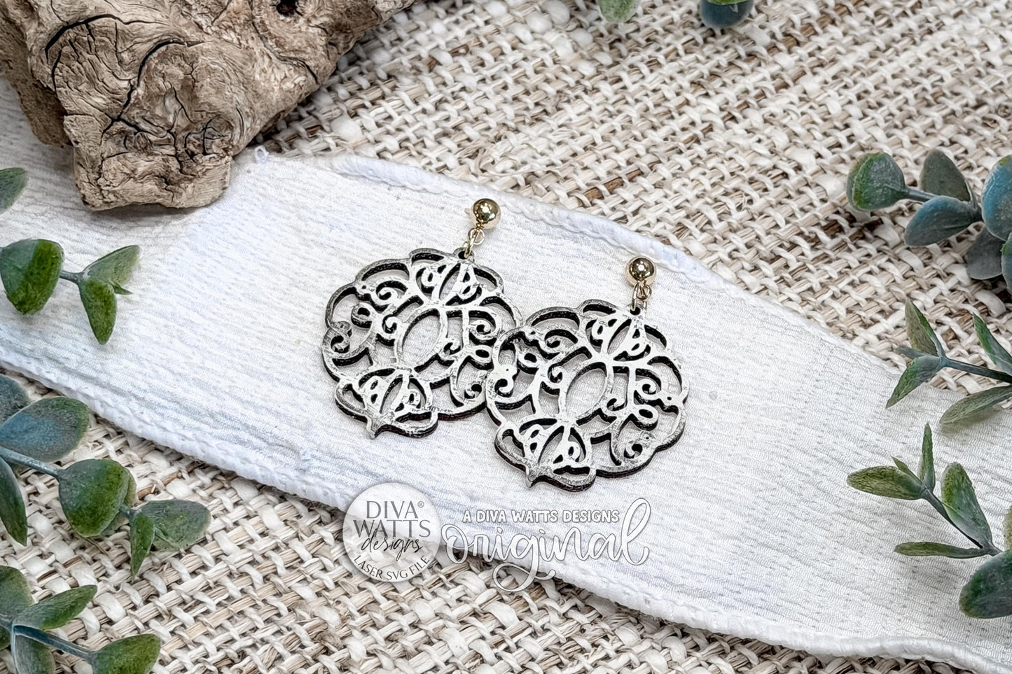 Digital SVG File for Elegant Filigree Dangle Earrings — Instant Download for Glowforge and xTool, Boutique-Style Earring Design With Ornamental Scrollwork Details by Diva Watts Designs