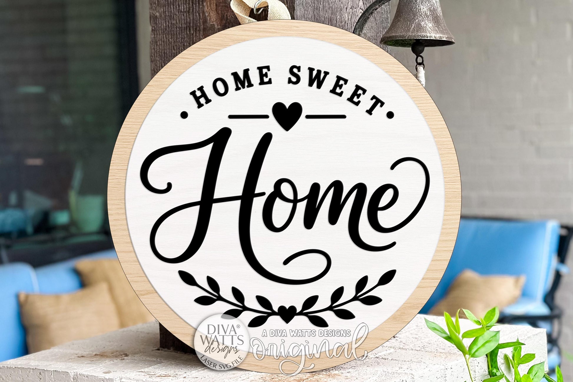 Round Door Hanger SVG Home Sweet Home Script Sign for Front Porch and Entryway Decor — Digital Laser SVG and Vinyl SVG Instant Download, Welcoming Front Door Accent by Diva Watts Designs