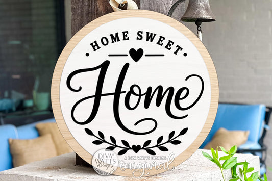 Round Door Hanger SVG Home Sweet Home Script Sign for Front Porch and Entryway Decor — Digital Laser SVG and Vinyl SVG Instant Download, Welcoming Front Door Accent by Diva Watts Designs