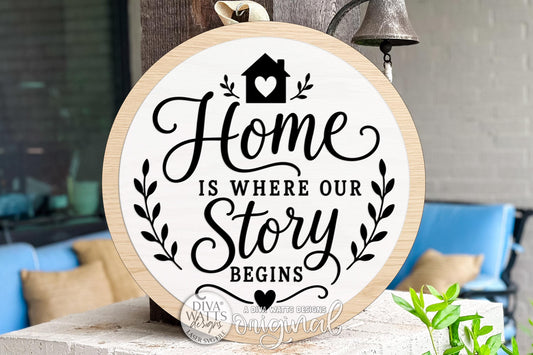 Round Door Hanger SVG Home Is Where Our Story Begins Sign for Front Porch and Entryway Decor — Digital Laser SVG and Vinyl SVG Instant Download, Welcoming Front Door Accent by Diva Watts Designs