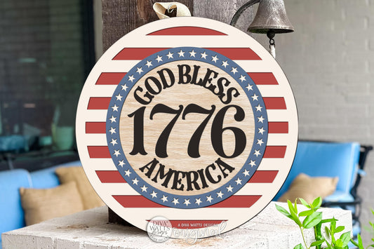 Round Door Hanger SVG Patriotic 1776 America 250th Anniversary Porch Sign for Fourth of July Entryway Decor — Digital Laser SVG And Vinyl SVG Instant Download, Welcoming Front Door Accent By Diva Watts Designs