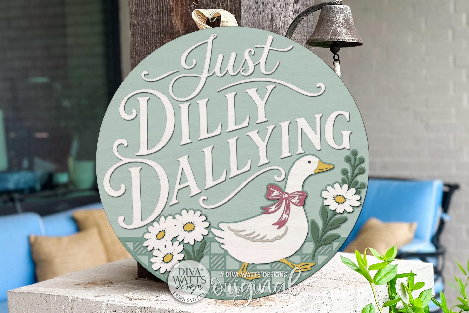 Round Door Hanger SVG Just Dilly Dallying Goose Sign With Cottagecore Grandma Core and Grandmillennial Style for Front Door and Porch Decor — Digital Laser SVG and Vinyl SVG Instant Download, Welcoming Front Door Accent by Diva Watts Designs