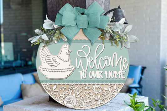 Round Door Hanger SVG Welcome To Our Home Glass Hen Sign With Cottagecore Grandma Core and Grandmillennial Style for Front Door and Porch Decor — Digital Laser SVG and Vinyl SVG Instant Download, Welcoming Front Door Accent by Diva Watts Designs