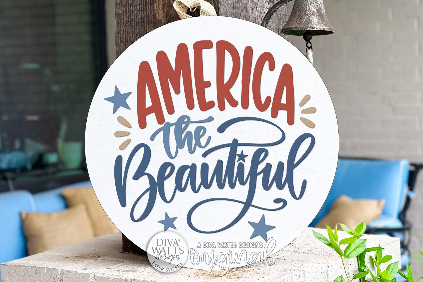 Round Door Hanger SVG America The Beautiful Patriotic Front Door Sign for Porch and Entryway Decor — Digital Laser SVG and Vinyl SVG Instant Download, Welcoming Front Door Accent by Diva Watts Designs