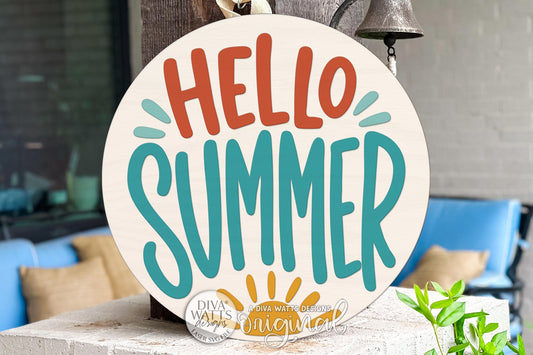 Round Door Hanger SVG Hello Summer Seasonal Front Door Sign for Porch and Entryway Decor — Digital Laser SVG and Vinyl SVG Instant Download, Welcoming Front Door Accent by Diva Watts Designs