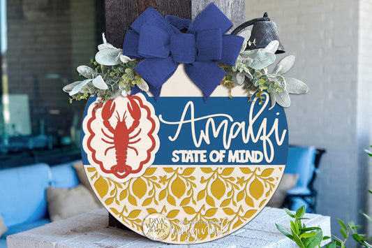 Round Door Hanger SVG Mediterranean Amalfi State Of Mind Coastal Citrus Front Door Sign For Porch And Entryway Decor — Digital Laser SVG And Vinyl SVG Instant Download, Welcoming Front Door Accent By Diva Watts Designs