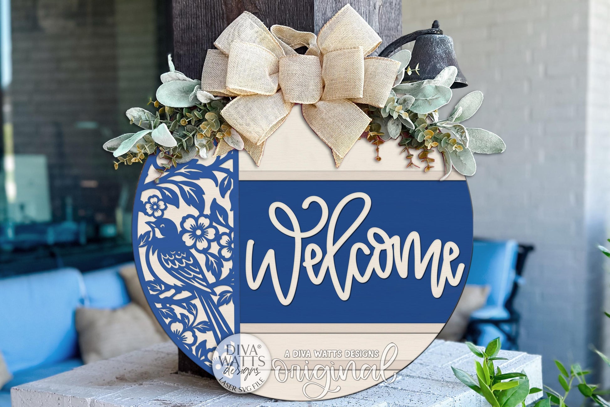 Round Door Hanger SVG Featuring A Welcome Chinoiserie Bird Floral Design For Elegant Front Porch Decor And Layered Entryway Signs, Includes Laser SVG And Vinyl SVG Files For Creating Boutique-Style Laser Cut Decor With A Warm Welcoming Feel