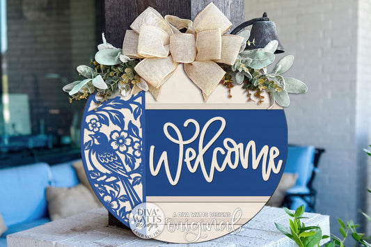 Round Door Hanger SVG Featuring A Welcome Chinoiserie Bird Floral Design For Elegant Front Porch Decor And Layered Entryway Signs, Includes Laser SVG And Vinyl SVG Files For Creating Boutique-Style Laser Cut Decor With A Warm Welcoming Feel