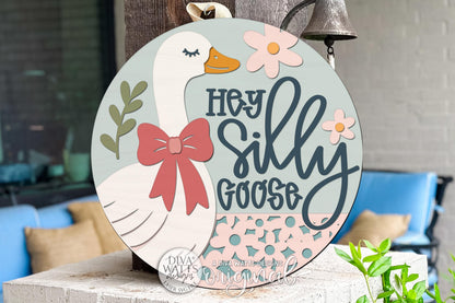 Round Door Hanger SVG Featuring A Hey Silly Goose Design With Whimsical Farmhouse Style For Front Porch Decor And Playful Entryway Signs, Includes Laser SVG And Vinyl SVG Files For Creating Charming Layered Laser Cut Decor With A Fun Welcoming Feel
